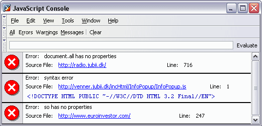 The Mozilla JavaScript Console with errors